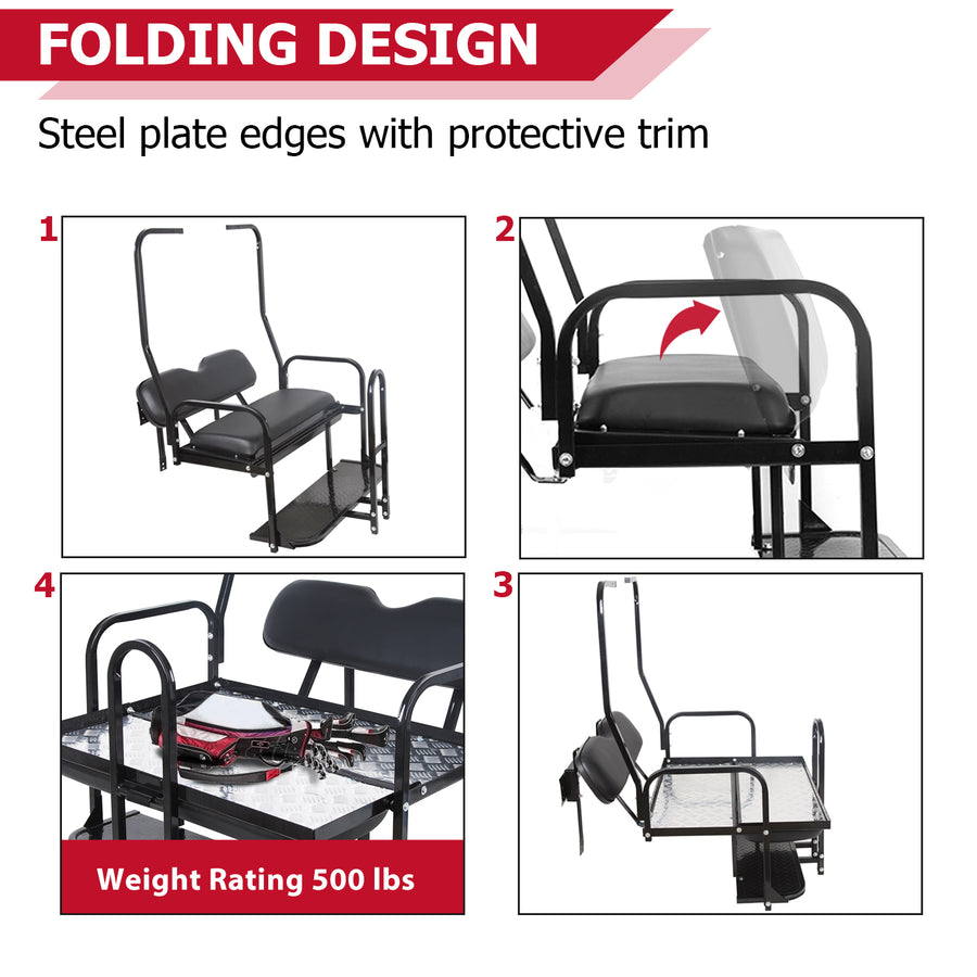 HECASA Rear Golf Cart Seat for 1982-2000.5 Club Car DS Flip Folding Rear Back Seat Kit W/ Grab Bar & Roof Support