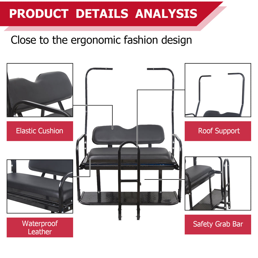 HECASA Rear Golf Cart Seat for 1982-2000.5 Club Car DS Flip Folding Rear Back Seat Kit W/ Grab Bar & Roof Support