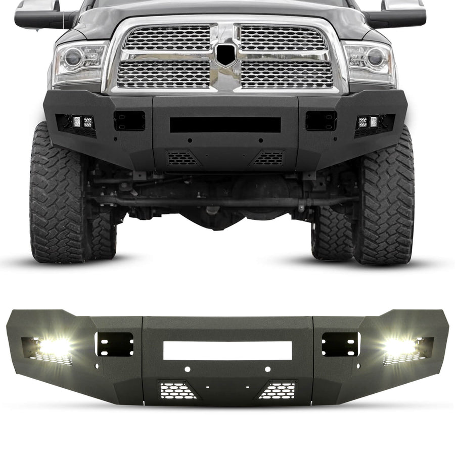 YIKATOO® Front Bumper Off-road 3-Piece Modular Compatible with 2010-2018 Dodge Ram 2500 3500 with 4 LED Lights Powder Coated Steel Textured Black -junior