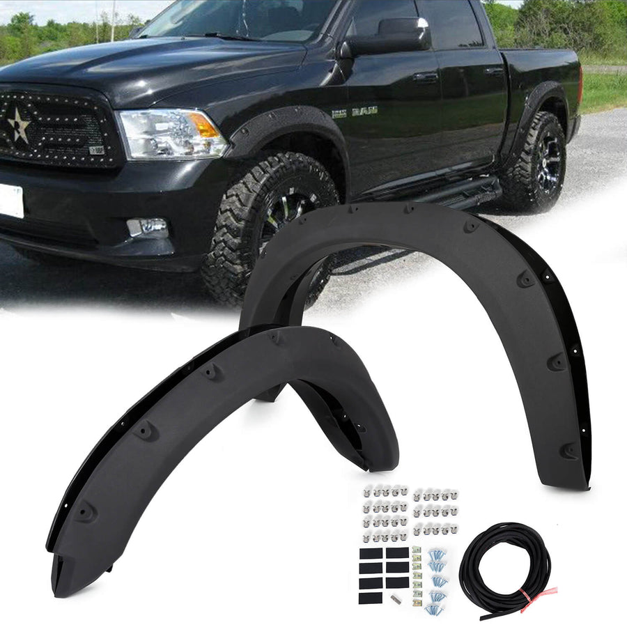 YIKATOO® Black Fender Flares Cover Wheel Cover Protector Compatible with 2009-2018 Ram 1500 Pocket Rivet Style Bolt On 4Pc -junior