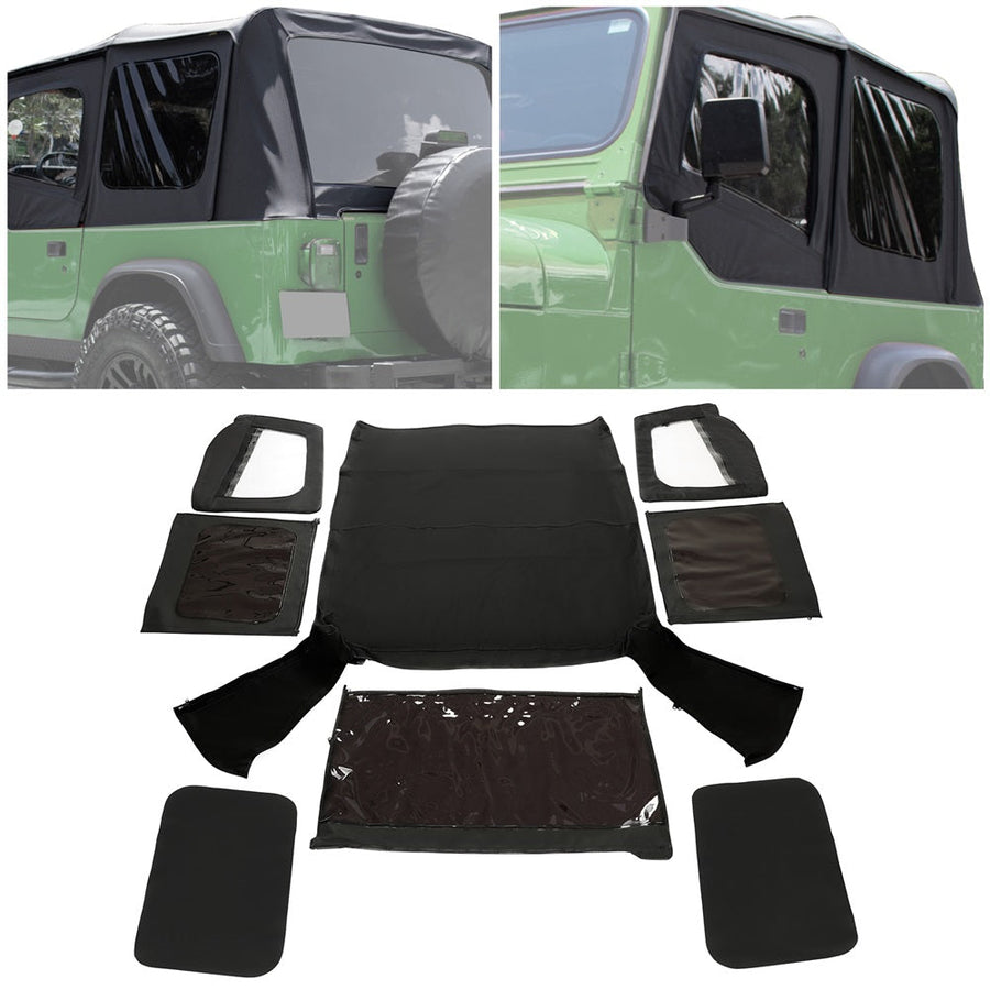 YIKATOO® Convertible Soft Top Roof Compatible with 1988-1995 Jeep Wrangler YJ with Factory Squared Style Upper Doors ONLY - w/Upper Door Skins and Back Window Black Canvas 2 door -junior